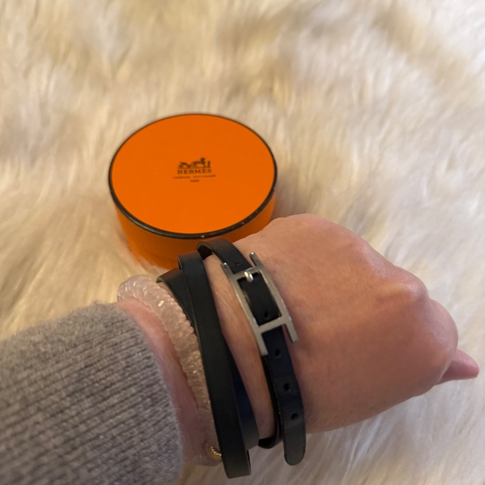 Hermes Behapi Double Tour Bracelet - Black leather/Silver buckle